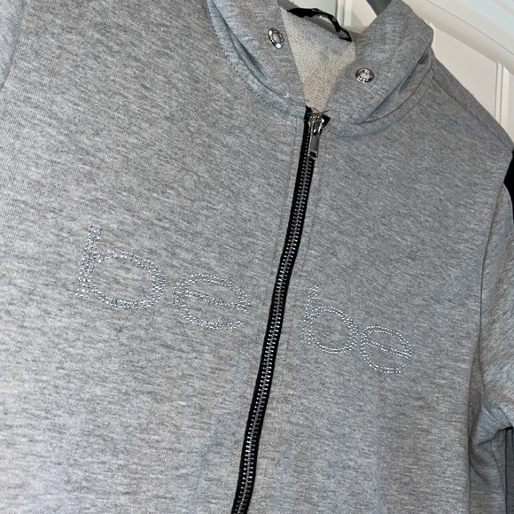 GRAY Bebe Sport zip hoodie silver sparkly rhinestone BEBE Distressed sleeve Med - Picture 3 of 14